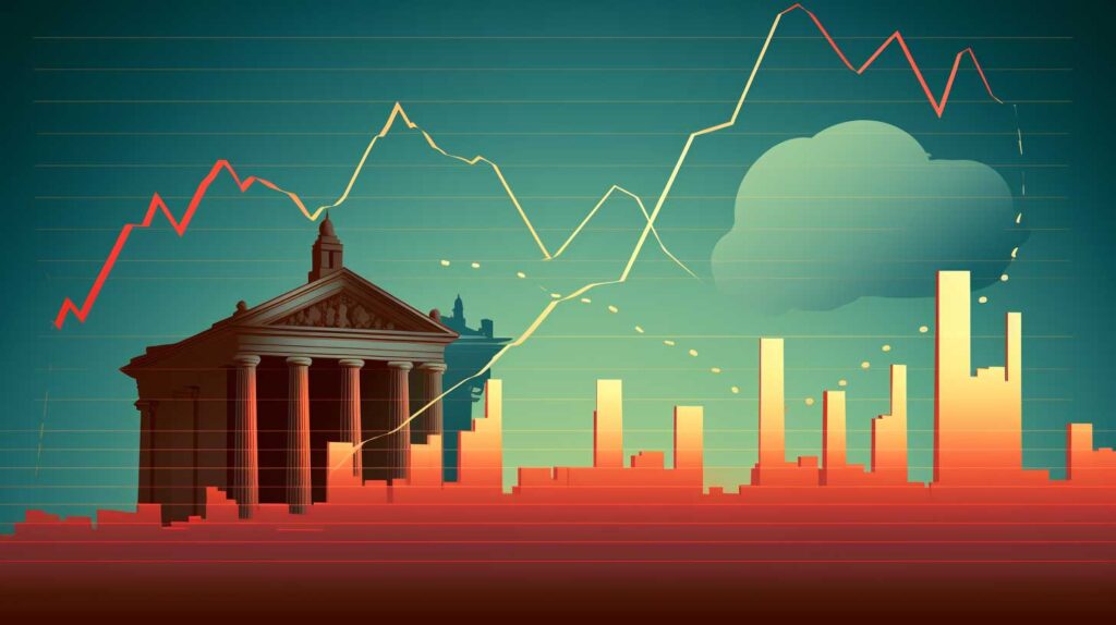 Concept illustration of a bank and financial trends. Image credit: Nicole Smith, made with Midjourney