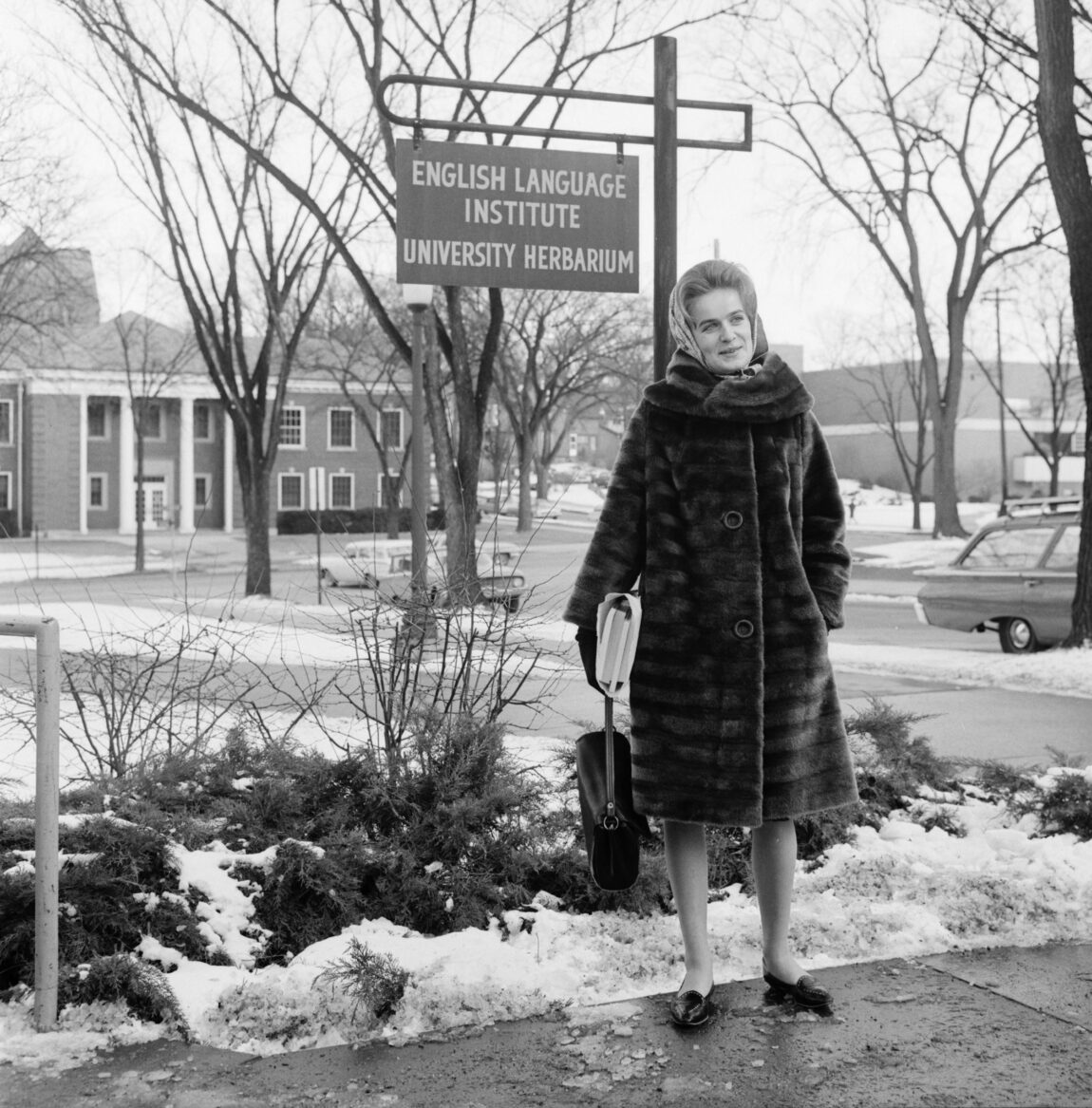 A photo of Marina Oswald on her first day of classes in 1965.