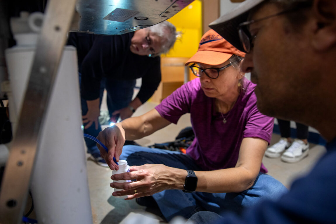 Photo of Nancy Love, professor of civil and environmental engineering, sampling water that goes in and out of drinking fountains in Flint public schools.
Marcin Szczepanski, College of Engineering