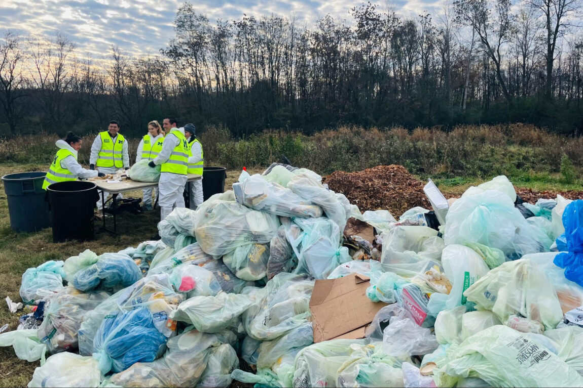A photo of people sorting through compostable material.