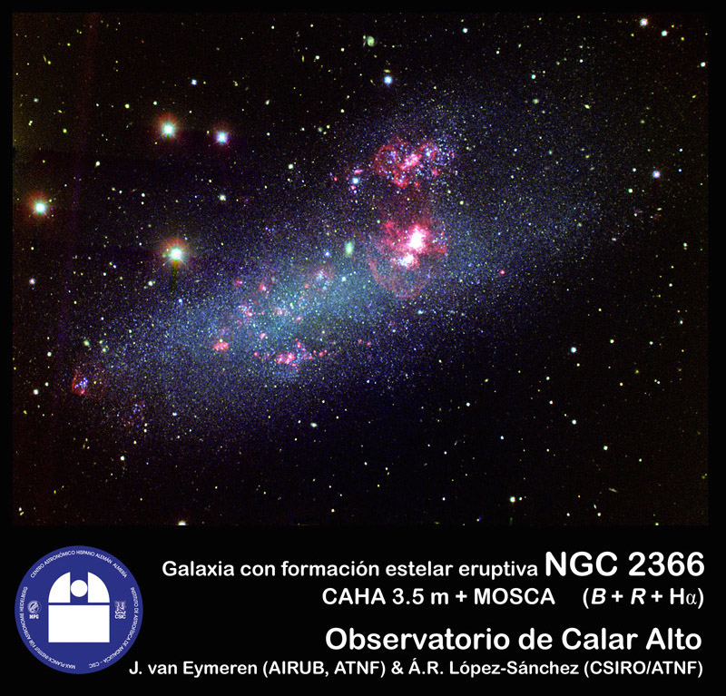 University of Michigan astronomer Sally Oey studied a star-forming region in host galaxy, NGC 2366, which is a typical dwarf irregular galaxy. Image courtesy: Observatorio de Calar Alto, J. van Eymeren (AIRUB, ATNF) & Á.R. López-Sánchez