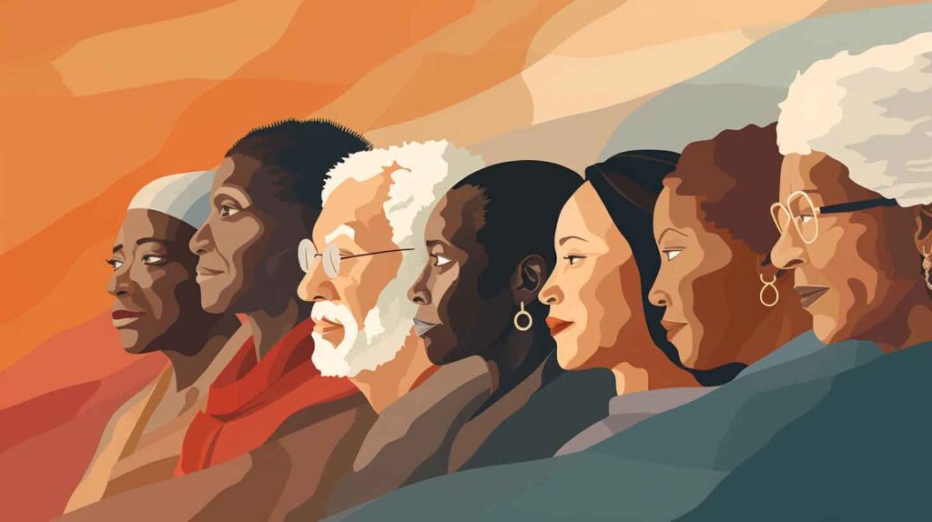 Concept illustration depicting older Americans of various descent. Image credit: Nicole Smith, made with Midjourney