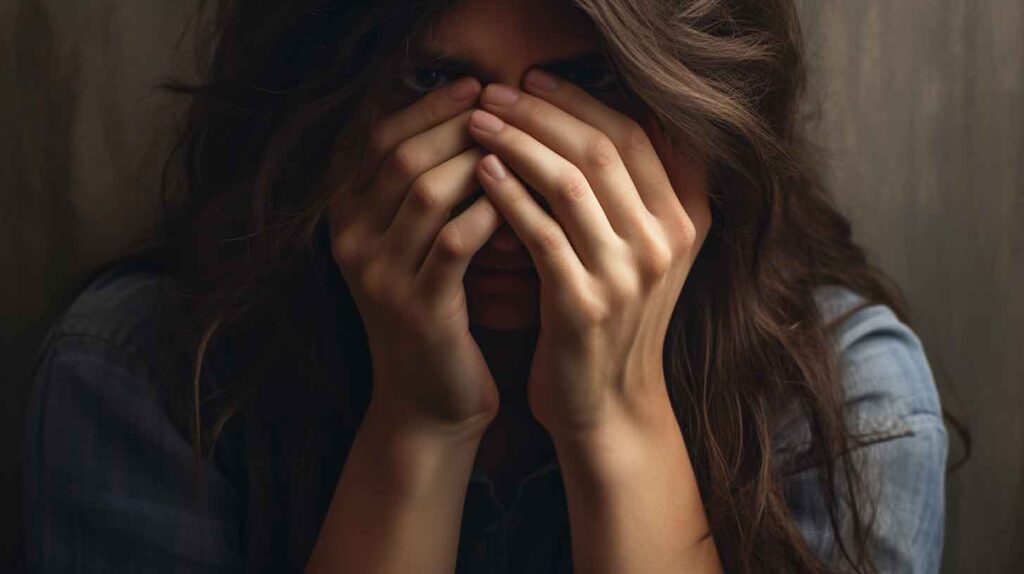 Concept illustration of domestic violence. A woman covering her face with her hands. Image credit: Nicole Smith, made with Midjourney