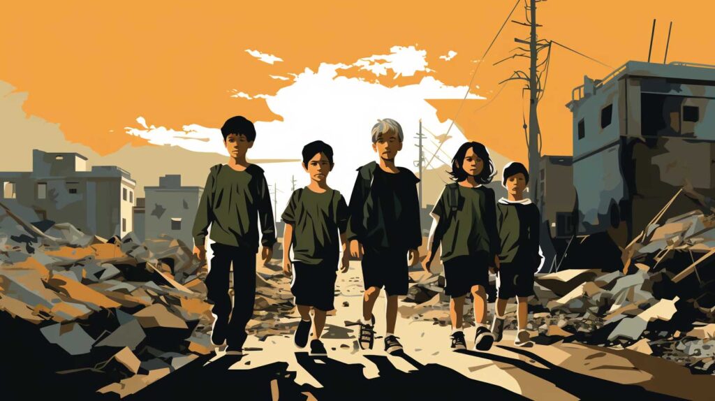 Concept illustration of children affected by the Israel-Hamas conflict. Image credit: Nicole Smith, made with Midjourney