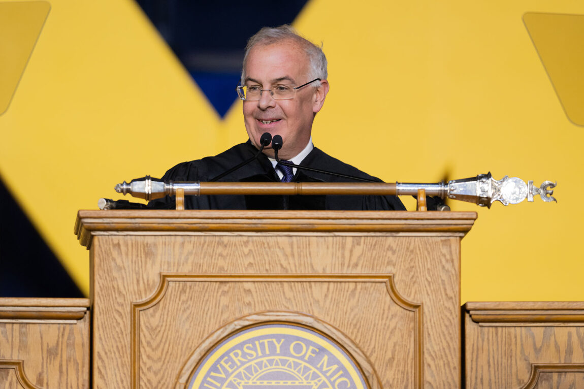 Photo of commencement speaker David Brooks at the podium