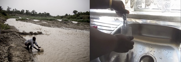 Two side by side images. On the left, a man squats by the river bank with his sleeves rolled up, scooping water into a plastic bucket. The right side image is a close up of a steel sink with a pair of hands turning on the faucet to fill a cup with water.
