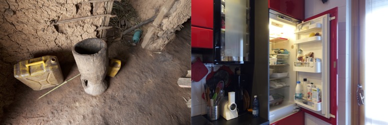 Two side by side images. The left side image shows a cylindrical wooden container on a dirt floor. The right side image is a built-in electric appliance with the door open and light on, filled with food and drinks.