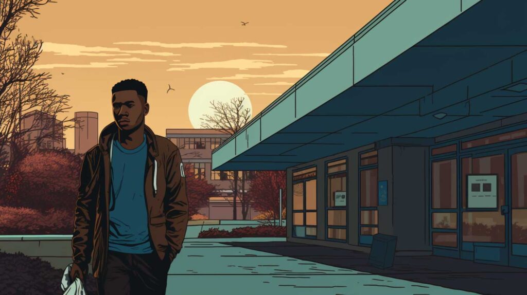 Concept illustration of a young Black man dejectedly leaving the hospital. Image credit: Nicole Smith, made with Midjourney