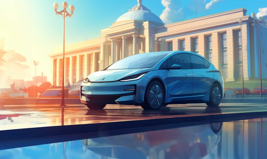 Concept illustration of an electric vehicle parked in front of a government building. Image credit: Nicole Smith, made with Midjourney