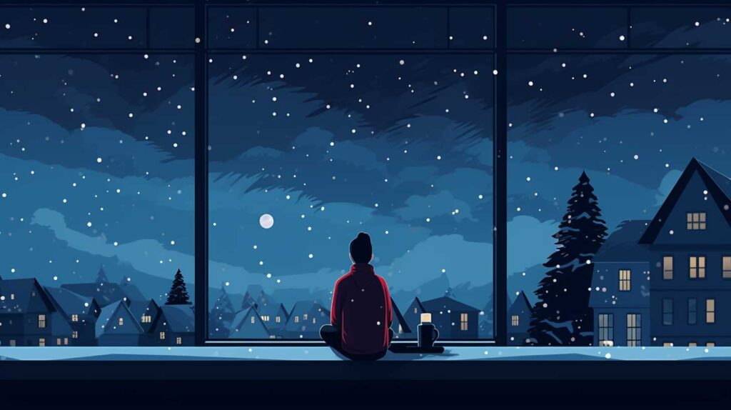 Concept illustration of a lonely person looking out over a city as snow gently falls. Image credit: Nicole Smith
