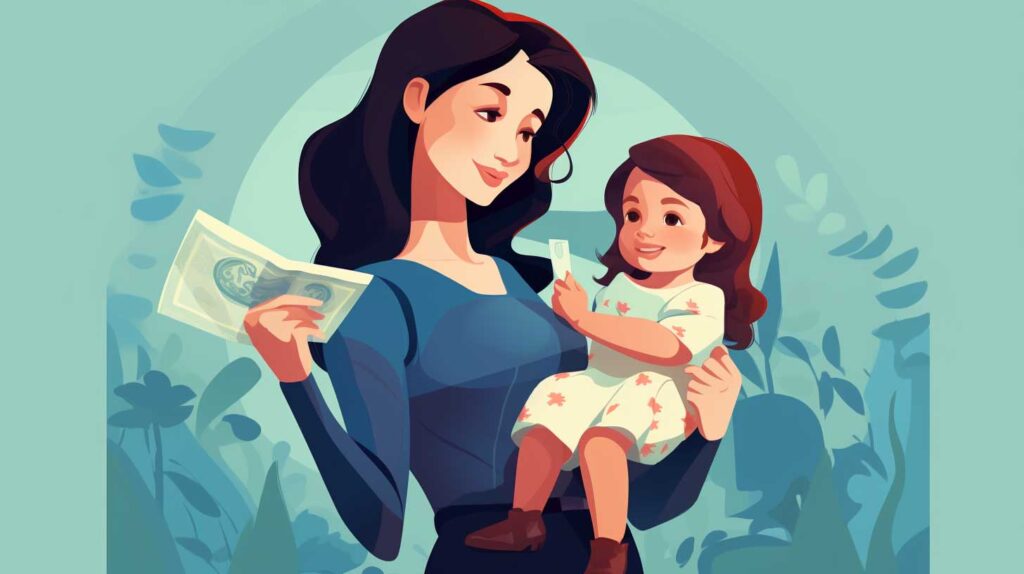Concept illustration of a mother receiving cash for child care. Image credit: Nicole Smith, made with Midjourney