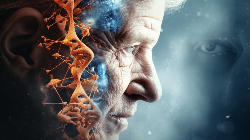 Concept illustration of a man and his DNA aging. Image credit: Nicole Smith, made with Midjourney