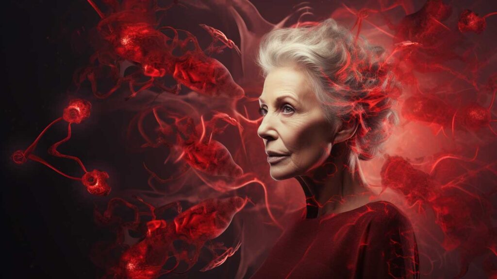 Concept illustration of an older woman and blood biomarkers. Image credit: Nicole Smith, made with Midjourney