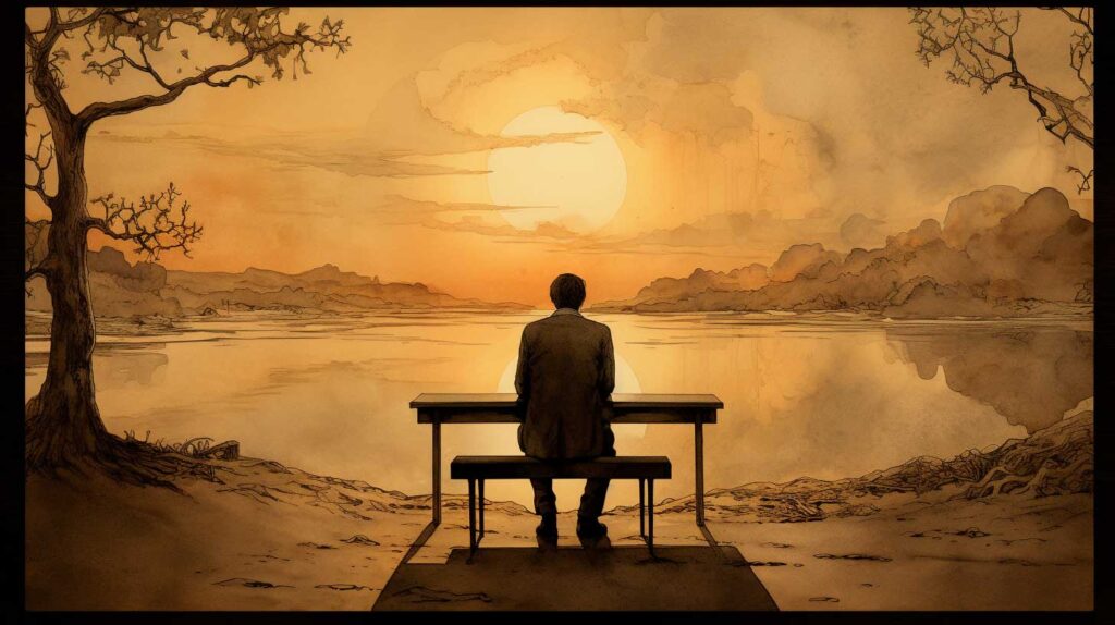 Concept illustration of a lonely person watching a sunset beside a lake. Image credit: Nicole Smith, made with Midjourney