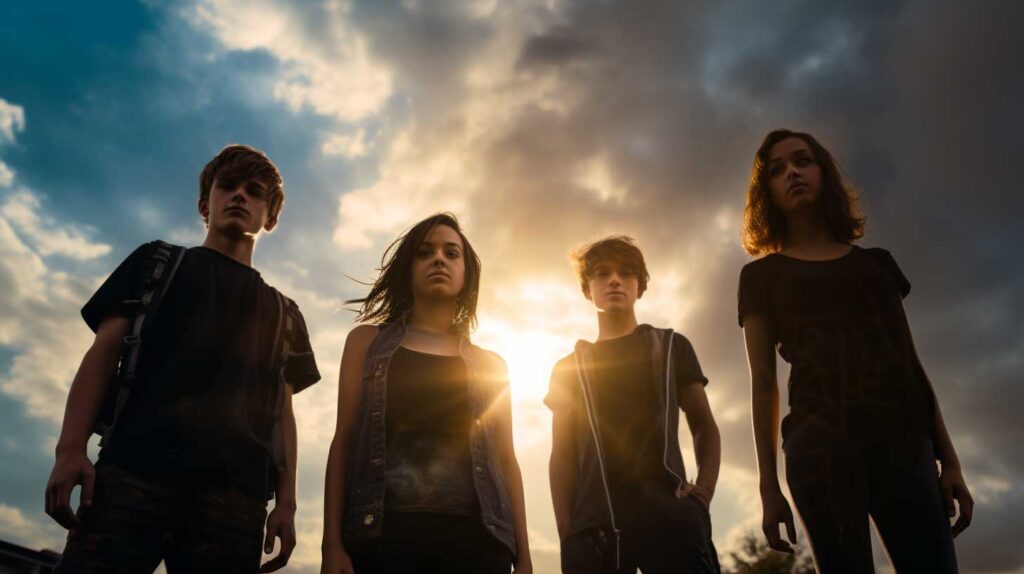 Concept photo of four teens with a sunset behind them. Image credit: Nicole Smith, made with Midjourney