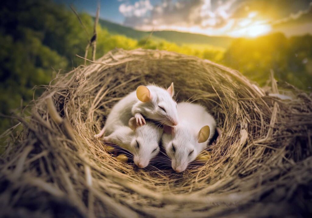 Concept photo of three cuddling male mice. Image credit: Ada Eban-Rothschild, made with Adobe Firefly