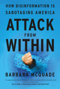 Book cover: Attack from Within by Barb McQuade. Royal blue with black type and fist bursting through a map of the U.S.