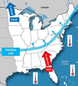 A graphic of a U.S. map showing a shifting freezing line.