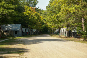 Dirt road lined with trees features with rustic cabins.