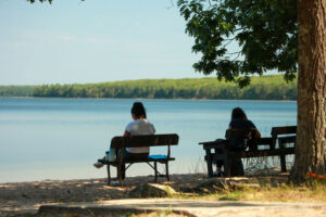 Two people, with backs to the camera, sit on benches facing a blue lake on a sunny day in the shade of a lovely tree.