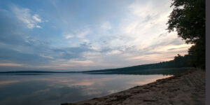 Lakefront at sunset. Blues and pinks.