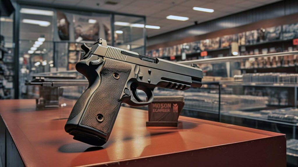 Concept illustration of a firearm store. Image credit: Nicole Smith, made with Midjourney
