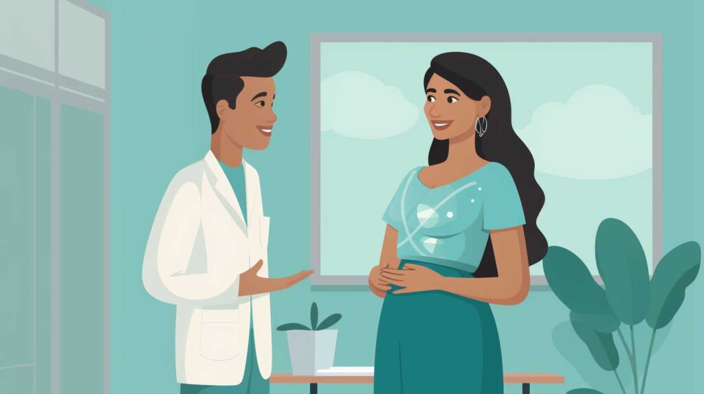 Concept illustration of a doctor talking to a pregnant woman. Image credit: Nicole Smith, made with Midjourney