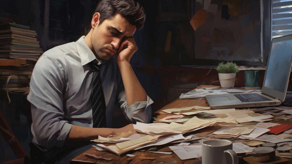 Concept illustration of a man sick at work. Image credit: Nicole Smith, made with Midjourney