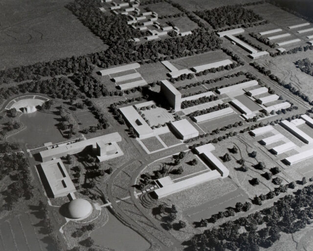 Photo of an early model showing the arrangement of proposed North Campus buildings