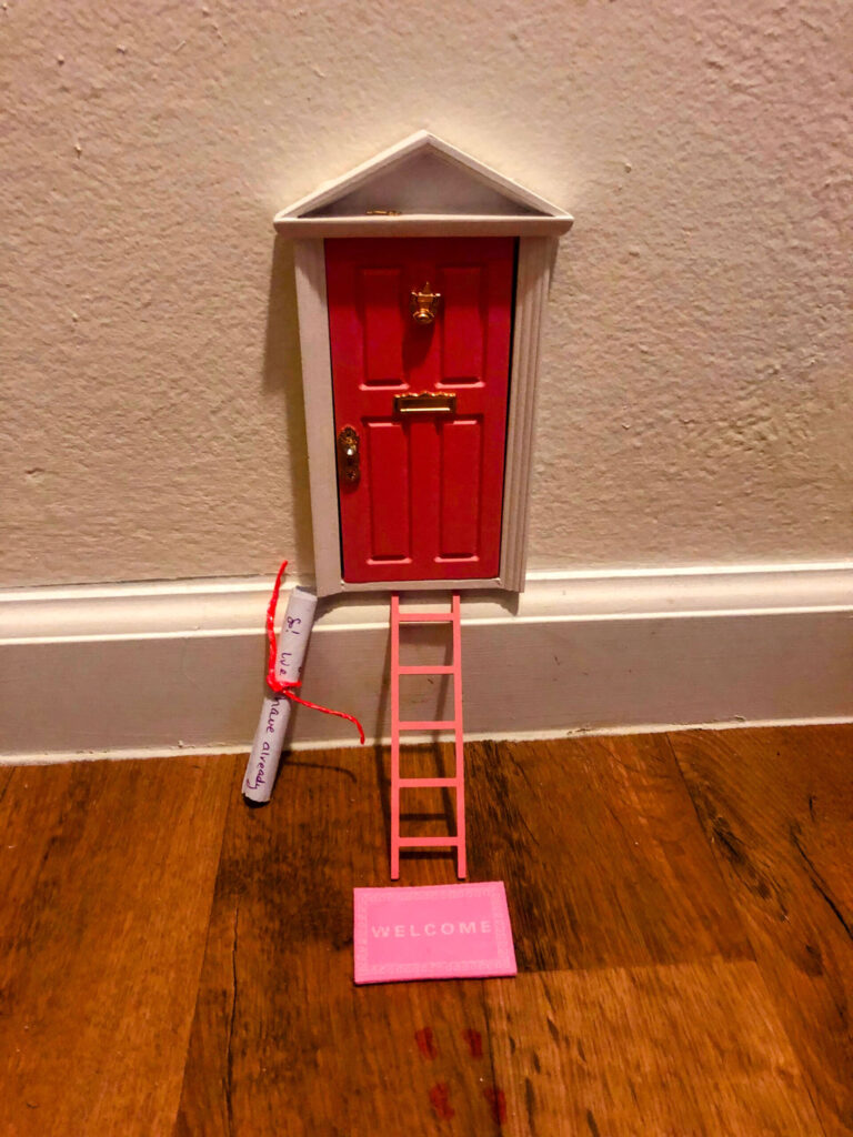 A photo of a tiny door with a ladder and a scroll