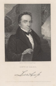 Vintage portrait of Lewis Cass in three-quarter profile. High collar, arched eyebrows, holding a book. Waist up, black and white.