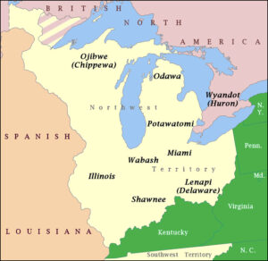 A color-coded map of the Northwest Territory and the Native nations in what is now Michigan, Wisconsin, Illinois.