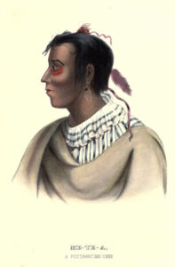 Rendering of The Bodewadami chief Me-Te-A, a signatory to the Treaty of Fort Meigs. In profile. Wearing tribal earring, feathers.