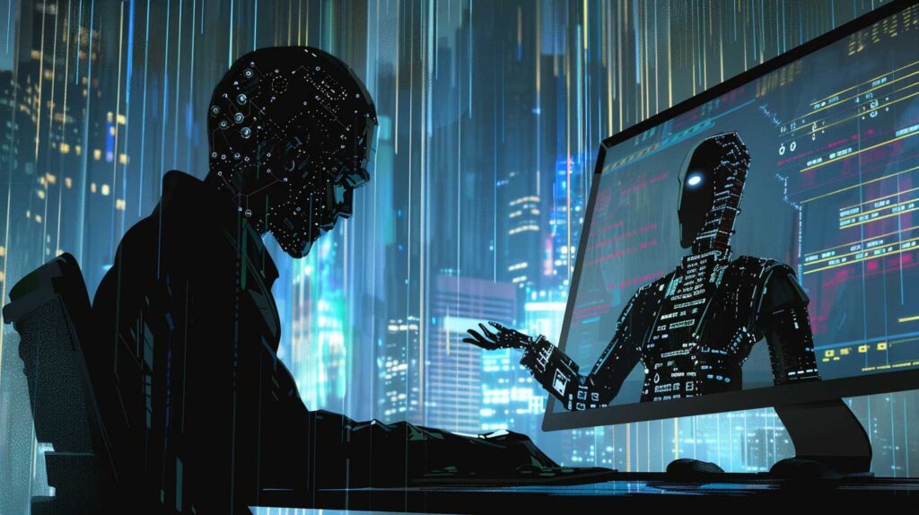 Concept illustration of a person chatting with an AI chatbot. Image credit: Nicole Smith, made with Midjourney