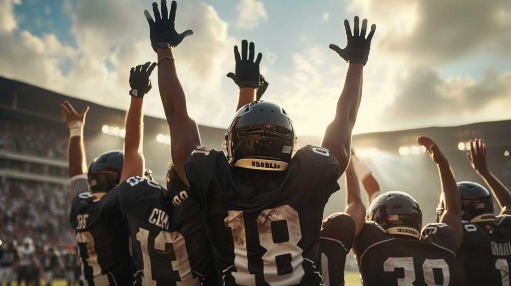 Concept illustration of a football team with hands raised in the air. Image credit: Nicole Smith, made with Midjourney