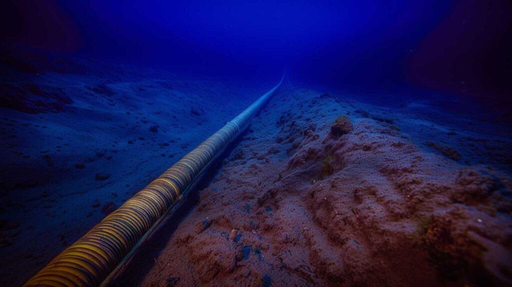Concept illustration of fiber optic cables on the ocean floor. Image credit: Nicole Smith, made with Midjourney