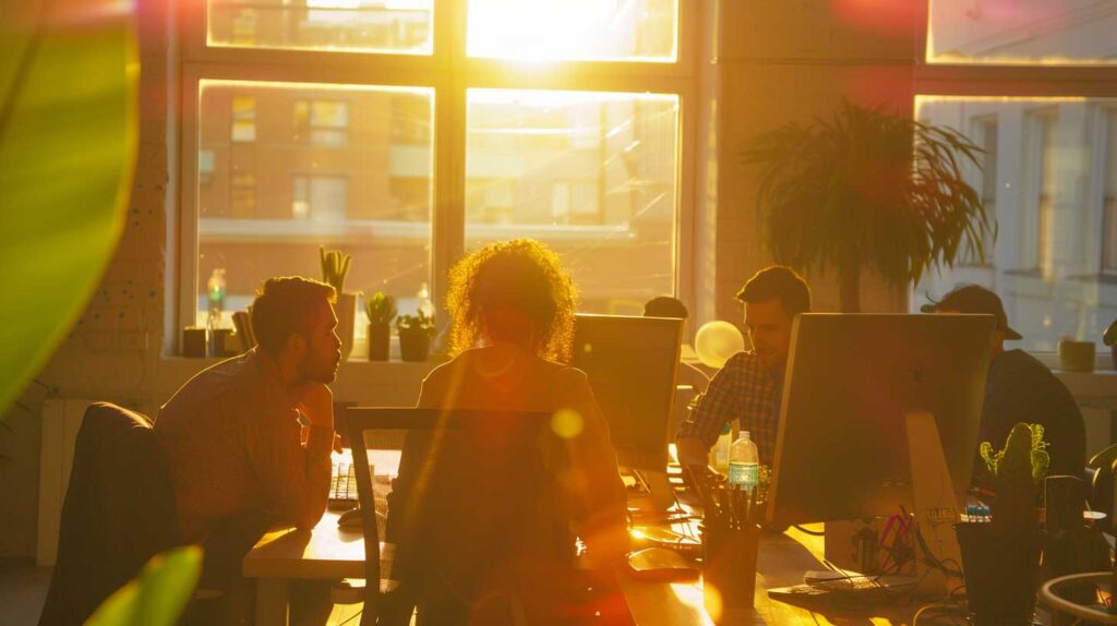 Concept illustration of a business team collaborating in an office. Image credit: Nicole Smith, made with Midjourney