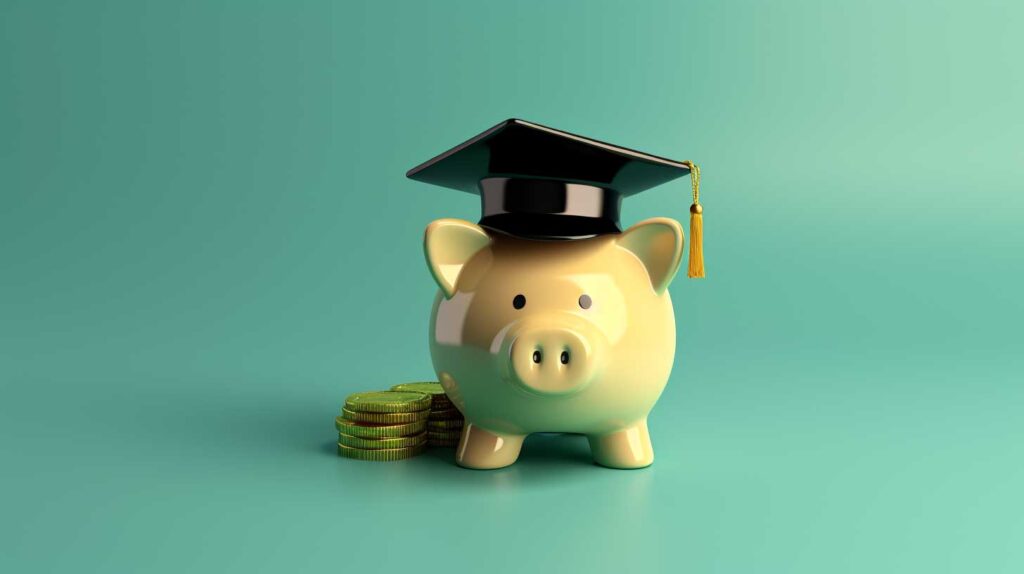 Concept illustration of a piggy bank wearing a graduation cap. Image credit: Nicole Smith, made with Midjourney