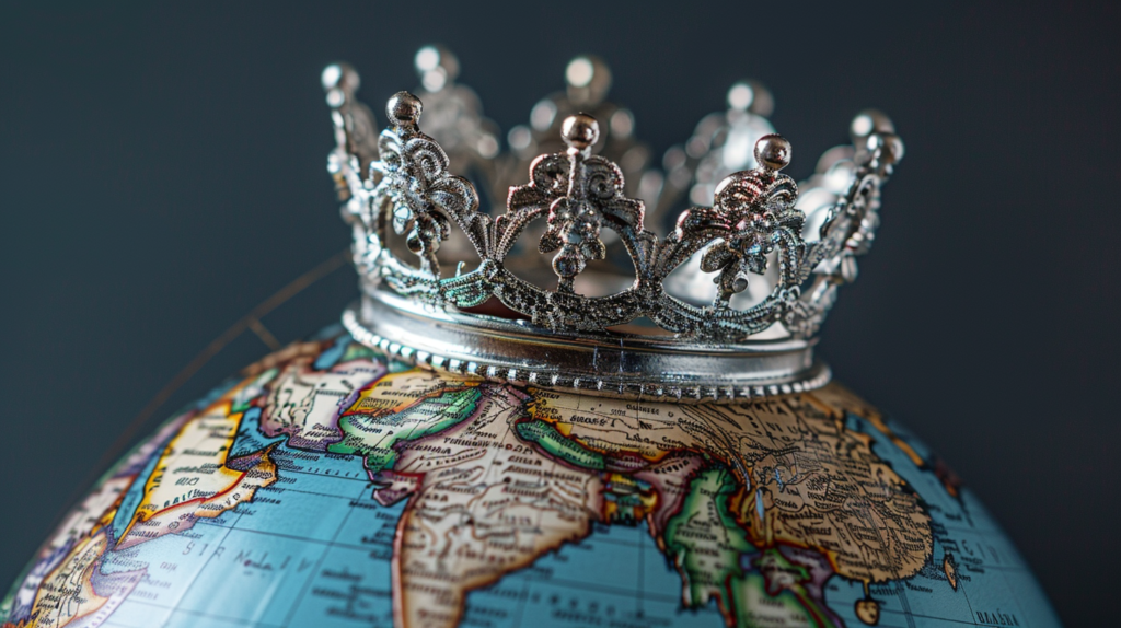 Concept illustration of a crown atop a globe. Image credit: Nicole Smith, made with Midjourney