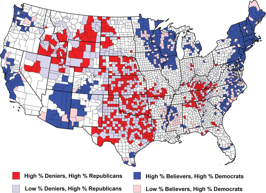Climate change denial and belief relative to political affiliation. Image credit: Gounaridis and Newell in Scientific Reports, February 2024