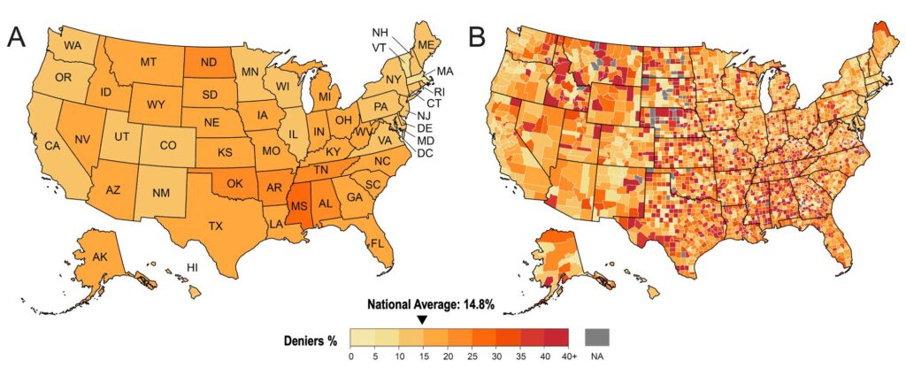 Climate change denialism in the U.S., by state (A) and county (B). (Note: Uncertainty is higher in counties with low population densities due to smaller tweet sample sizes.) Image credit: Gounaridis and Newell in Scientific Reports, February 2024