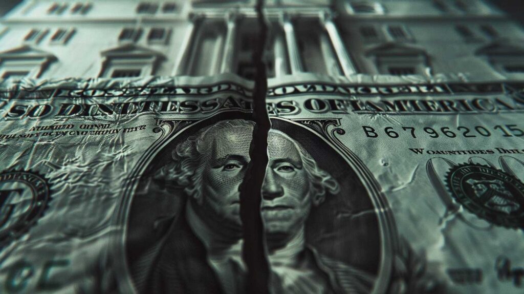 Concept illustration of currency split in two. Image credit: Nicole Smith, made with Midjourney