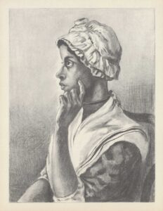 This portrait of Phillis Wheatley Peters was issued in the 1950s or 1960s by Associated Publishers, a company established by Dr. Carter Woodson to publish books on Black history and portraits of important African-Americans, enlarged and suitable for framing. This half-tone print was based on the iconic and only known portrait engraving of Wheatley Peters issued as a frontispiece to Poems on Various Subjects (London, 1773). Image credit: University of Michigan William L. Clements Library