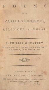 Title page from the 1786 American edition of  Poems on Various Subjects, Religious and Moral by Phillis Wheatley (Peters) published in Philadelphia by Joseph Cruikshank. Image courtesy: University of Michigan William L. Clements Library
