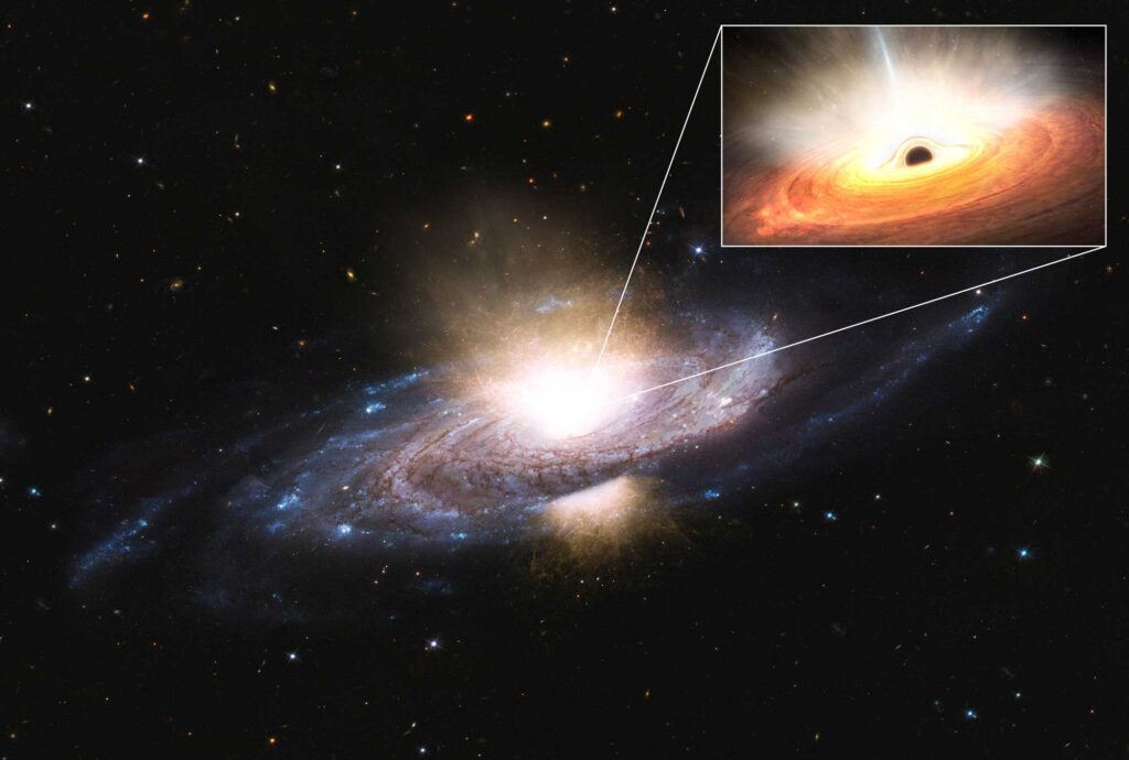 The inset shows what is happening at the galaxy's heart. A supermassive black hole draws in gas from its surroundings, which forms a hot, brightly lit ‘accretion disc’ (orange). The cause of the winds (white) is magnetic fields within the disc, which fling particles out in all directions at incredibly high speeds. These winds effectively block out X-rays (blue) which are sent out by the extremely hot plasma surrounding the black hole, called the corona. Image credit: ESA (acknowledgement: work performed by ATG under contract to ESA)