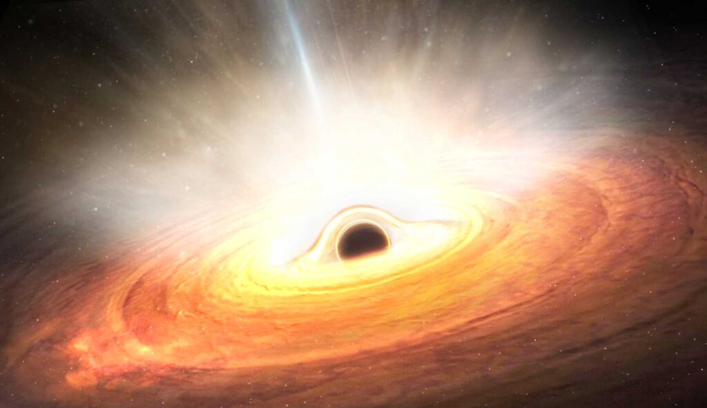 This artist impression shows ultra-fast winds blasting out from the center of galaxy Markarian 817. These winds, moving at many millions of kilometers per hour, clear out interstellar gas from a vast region of space. Without this gas, the galaxy can’t form new stars and the black hole in the galactic center has little left to eat. Image credit: ESA (acknowledgement: work performed by ATG under contract to ESA)