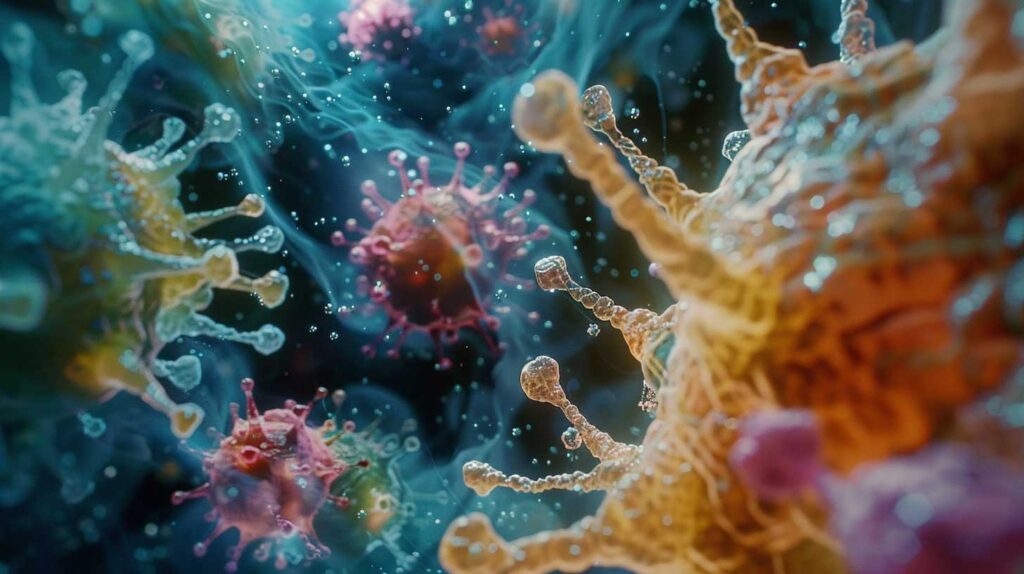 Concept illustration of the initial rush of the immune response. Image credit: Nicole Smith, made with Midjourney