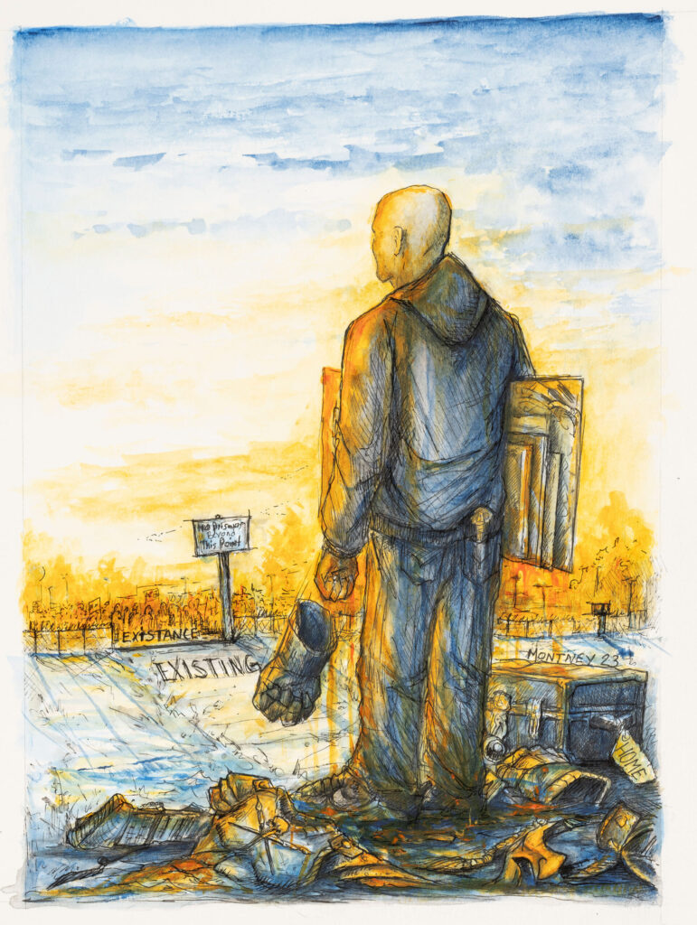 A photo of a painting depicting a prisoner leaving prison