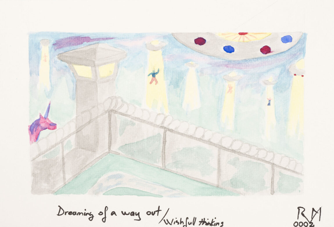 A photo of a painting showing a UFO pulling people from a prison while a unicorn looks on