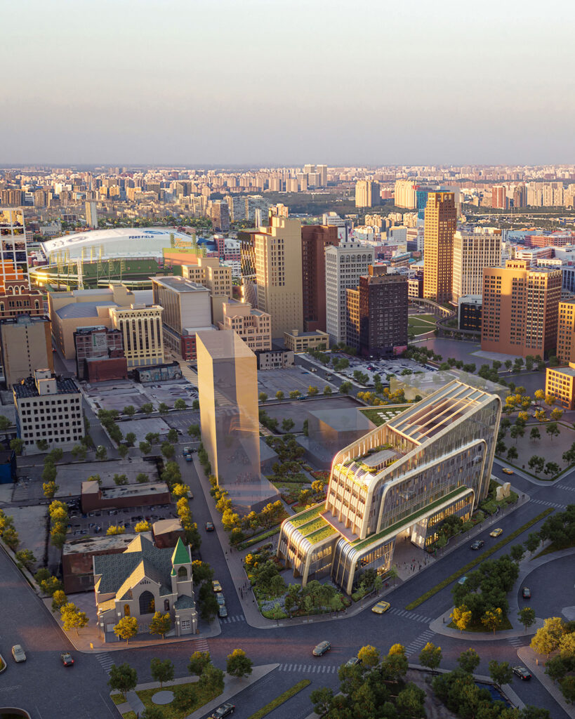 An aerial view of the UMCI (foreground) in downtown Detroit.